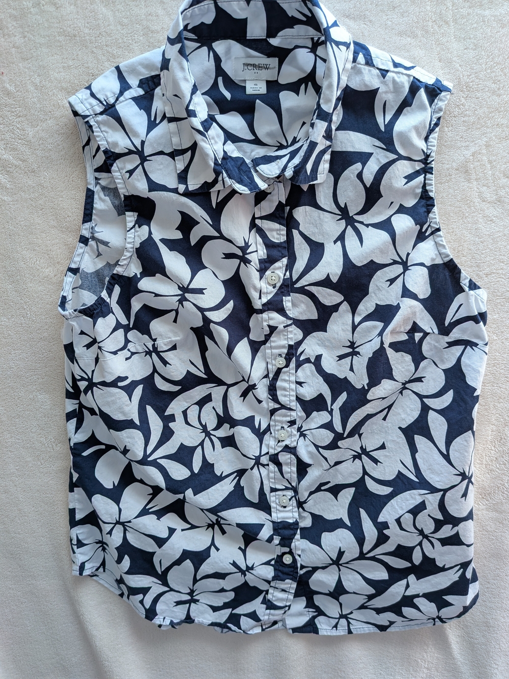 J. Crew Sleeveless Navy & White Floral Cotton Button-Down Collar Blouse